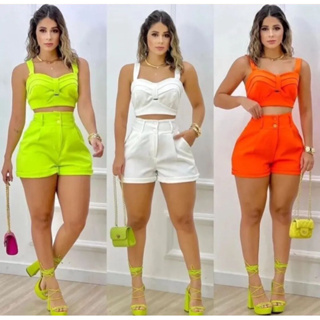 Conjunto Feminino Short Cintura Alta E Cropped Com Bojo Alfaiataria