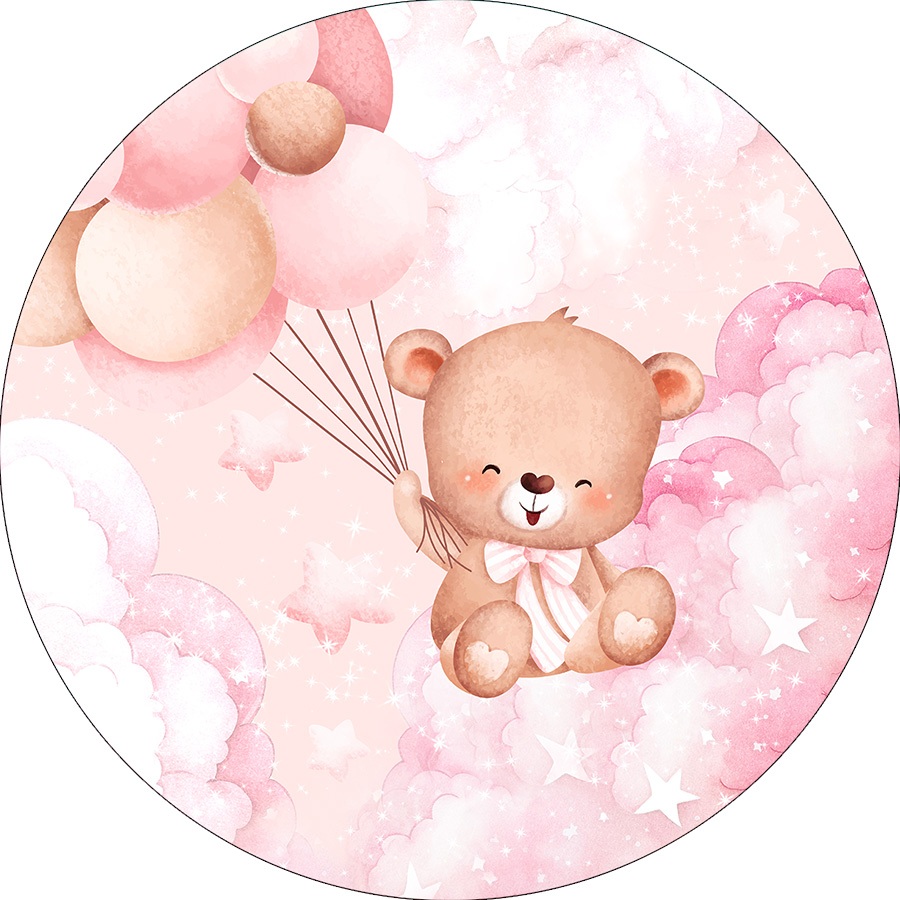 Painel De Festa Redondo Em Tecido - Ursinho Balões Rosa 056 | Shopee Brasil