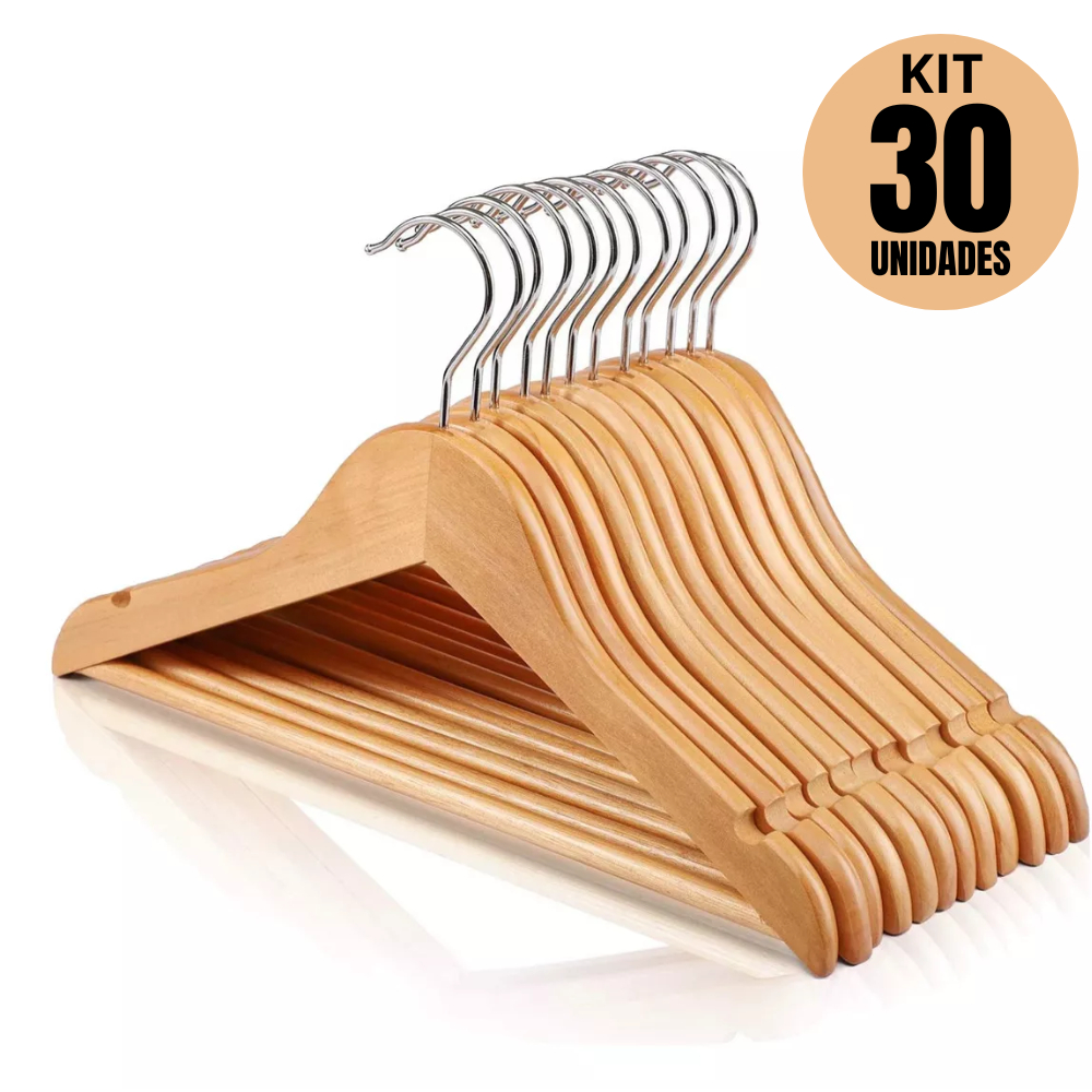 Kit 30 Cabide De Madeira Marfim Para Roupas Calça Gancho Cromado