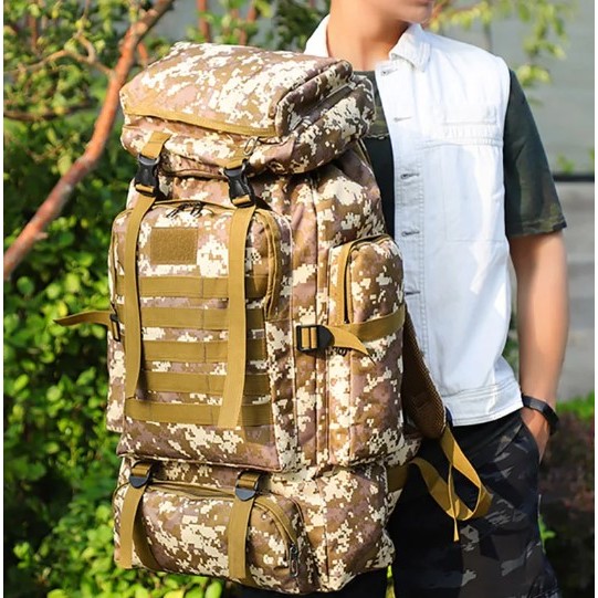 Mochila Camuflagem Grande Militar Assault Camping Impermeável 80L - NOVO