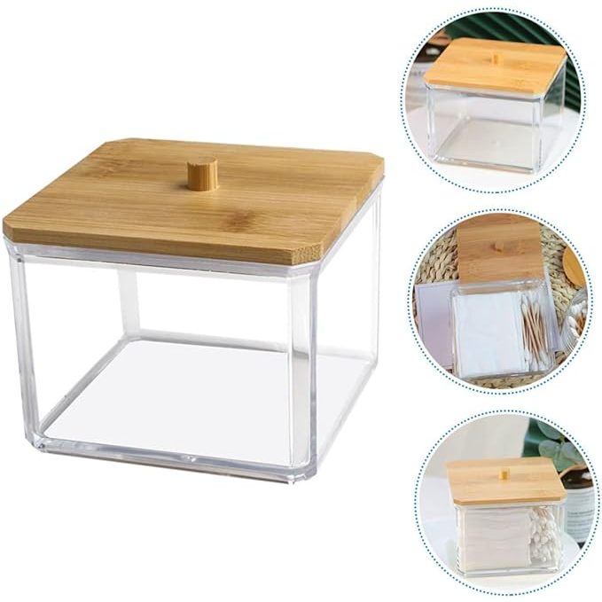 Organizador Acrílico Com Tampa De Bambu 9.3x9x7cm Utensilio Para Banheiro Penteadeira Organizador Multiuso Para Algodão Cotonete Armazenamento De Joias