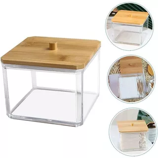 Organizador Acrílico Com Tampa De Bambu 9.3x9x7cm Utensilio Para Banheiro Penteadeira Organizador Multiuso Para Algodão Cotonete Armazenamento De Joias