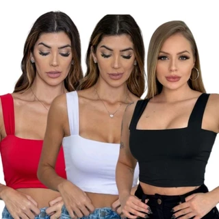 kit 3 Cropped Alça Grossa Com Forro Top Moda Feminina