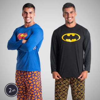 Kit 2 Pijama Longo Estampas Super Heróis Comprida Confortável Noite Masculina Adulta Conjunto Dormir Frio Poliéster 326 em Oferta na Shopee