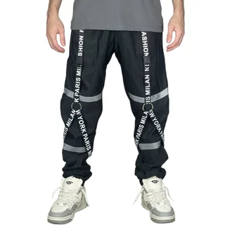 Calça Jogger Gringa Faixa Preta Refletiva Larga Rapper Trapper Corta Vento 100% poliester