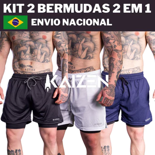 kit 2 bermudas 2 em 1 kaizen sports para treinar
