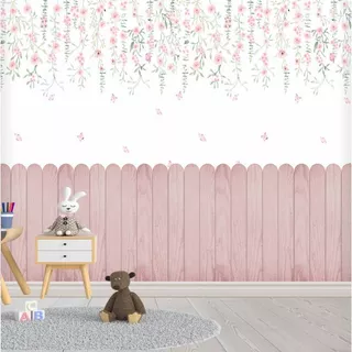 Papel de Parede Adesivo Menina Jardim Encantado Floral Ripado Rosa - Fácil Aplicação