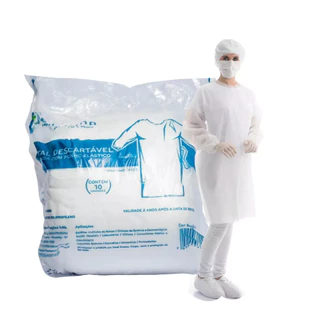 Avental Descartável Manga Longa TNT Gramatura 30 Branco - 10 Unidades Jaleco Hospitalar Capote ANADONA