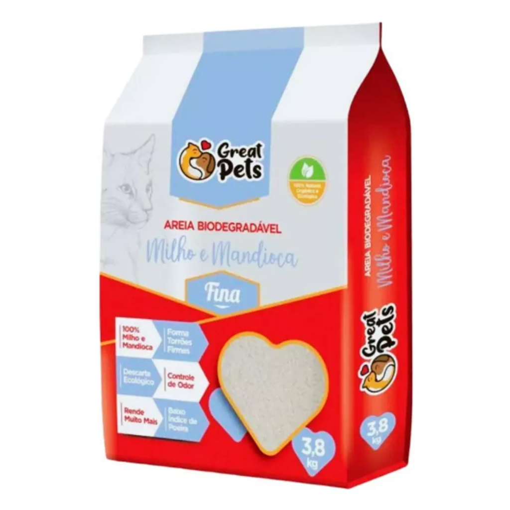 Areia Higiênica Milho E Mandioca Fina Great Pets para Gatos 3.8kg ...