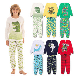 Kit Sortido 6 Peças Pijama Comprido Infantil Menino - 3 Camisas + 3 Calças - Promoção - Kit com 3 Pijamas de Roupa Infantil Menino Inverno Bebe Barato