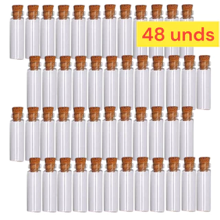 Conjunto 48 Mini Garrafinhas de Vidro com Tampa de Rolha de Cortiça Capacidade 2 mL Decoração Lembrancinha Artesanato