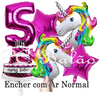 Kit 6 Balão Metalizado 2 Unicórnio 43cm + 1 Número 40cm ROSA PINK + 2 Estrela 22cm + 1 Bolo Decoração Festa
