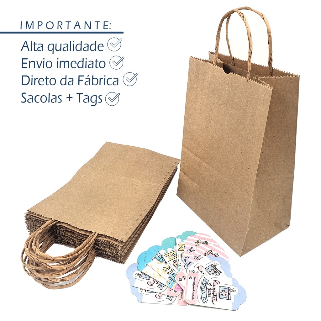 Sacola Papel Kraft Alça PP, P, M e G Variação Lembrancinhas Presentes Caixa Sapato Pardo