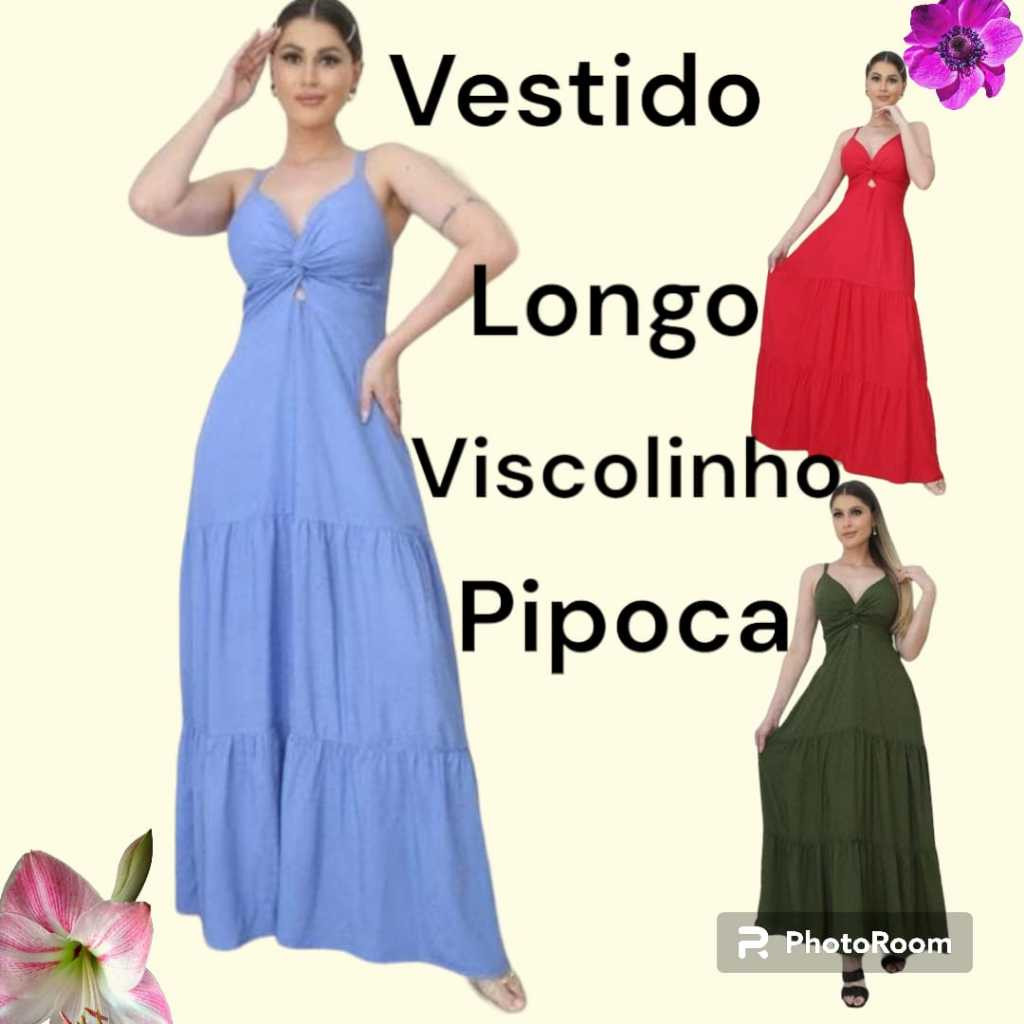 Vestido feminino longo vestidos de festa no viscolinho pipoca alçinha