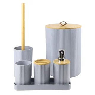 Kit De Banheiro Acessórios Para Pia 6 Peças Em Bambu Lixeira Escova Sanitária Porta Escovas Sabão Líquido Conjunto Design Moderno