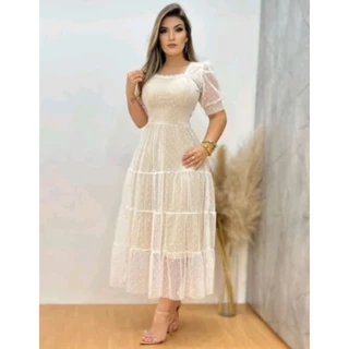 VESTIDO TULE DE POA BRANCO COM BEGE