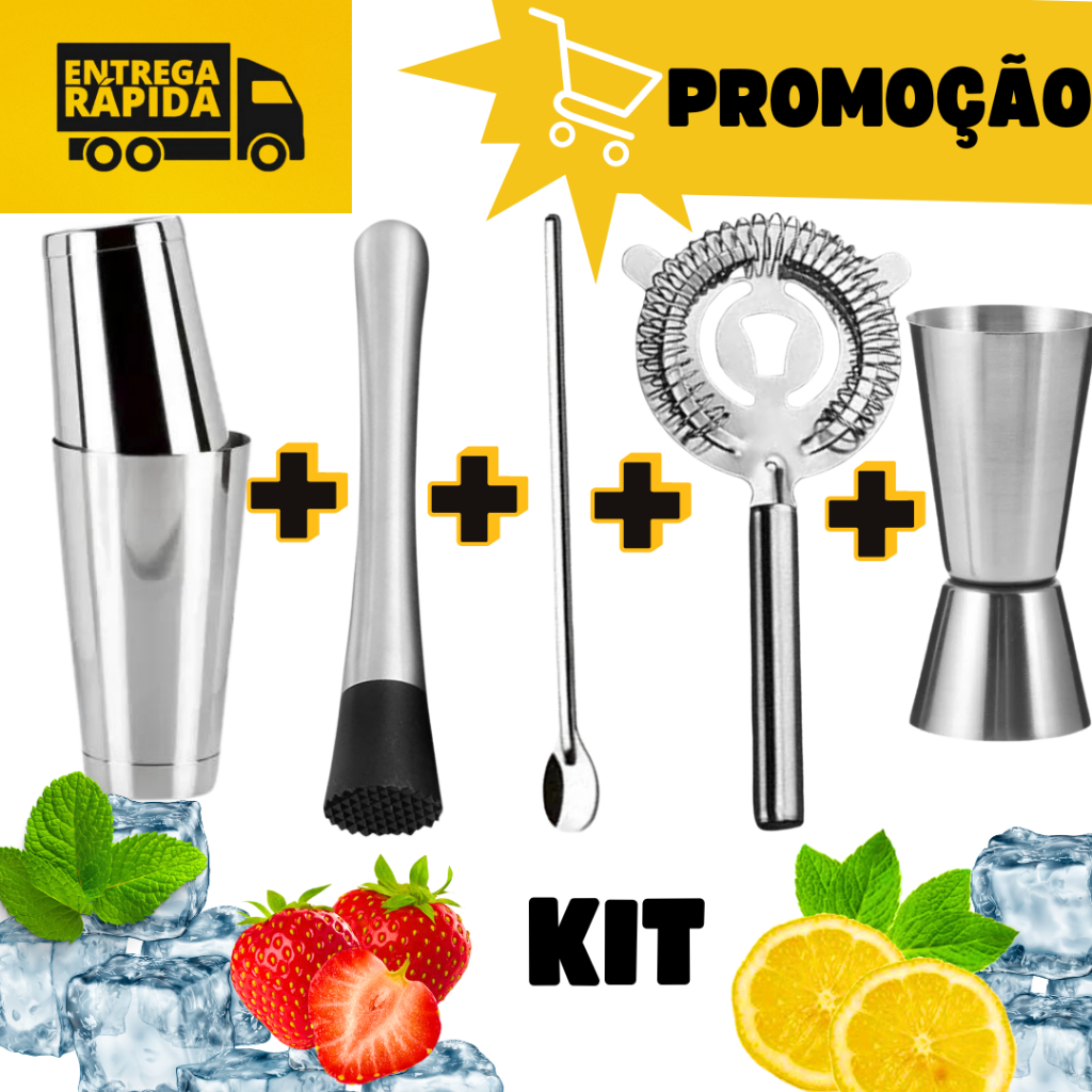 Coqueteleira Inox com Socador Dosador Colher Bailarina e Coador ...
