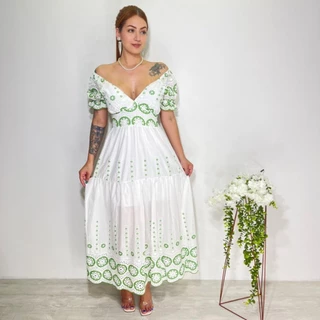 vestido longo luxo lese bordado algodão gola V manga curto