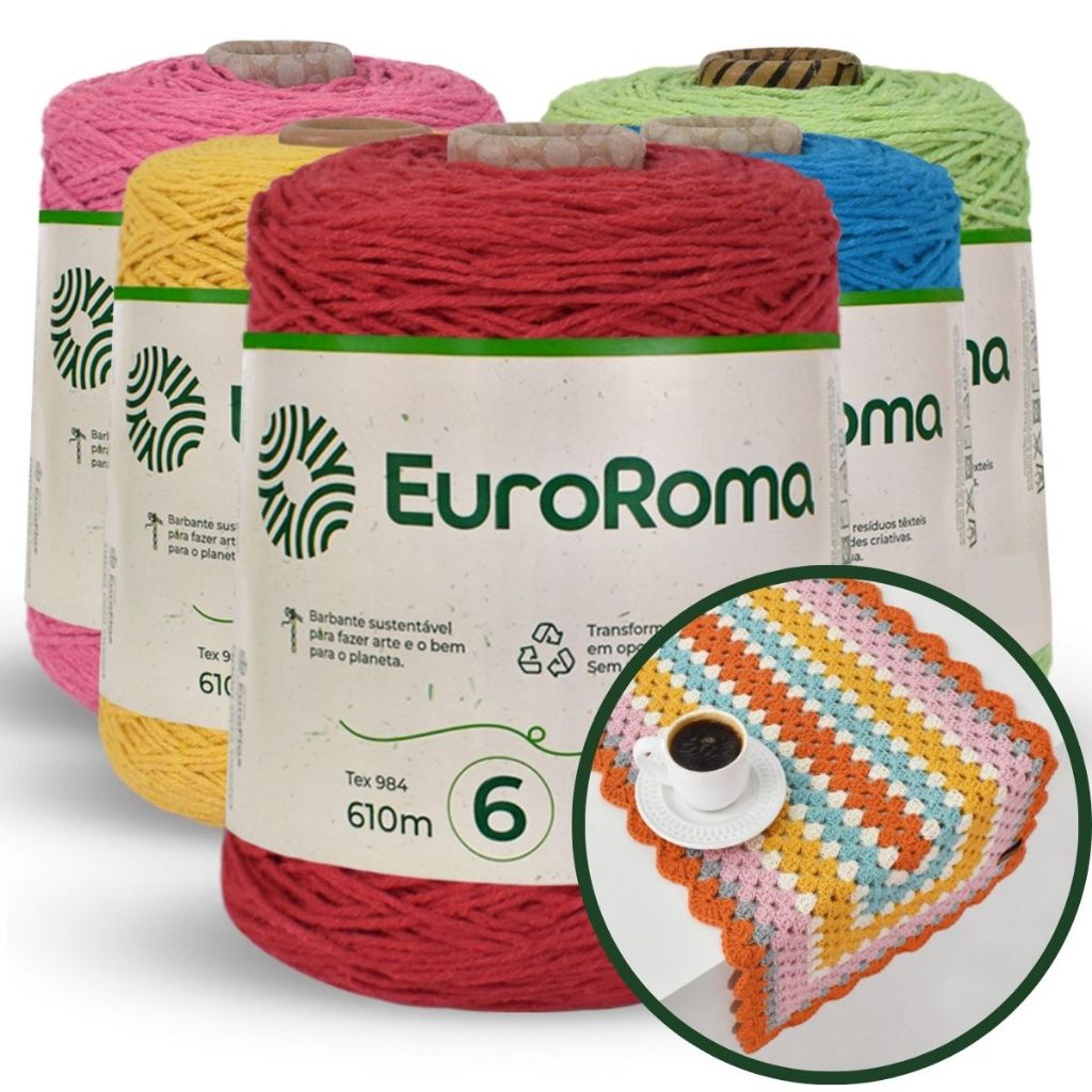 Kit 3 Barbante Euroroma 600g Fio 6 e Fio 8 Crochê Artesanato Tapete ...