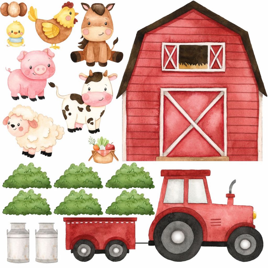 Cartela Adesiva Kit com 18 itens Fazendinha Aquarela Menina Menino