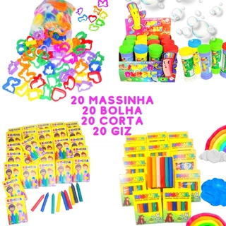 Kit 20 Cx Massinha Modelar + 20 Bolha Sabão + 20 Cortador Molde + 20 Giz Cera Lembrancinha Infantil