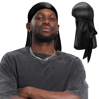 Bandana Durag Waves Touca Afro De Cor Preto Desenho do tecido Liso Tamanho UNICO