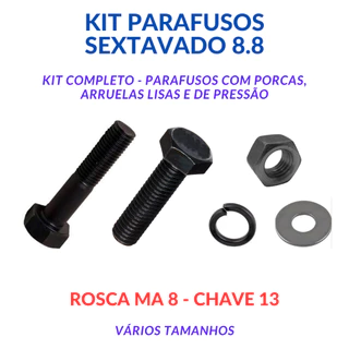 Parafuso Sextavado Aço 8.8 - (Chave 13) MA 8 Passo 1,25 - kit com porcas, arruelas lisas e de pressão - vários tamanhos