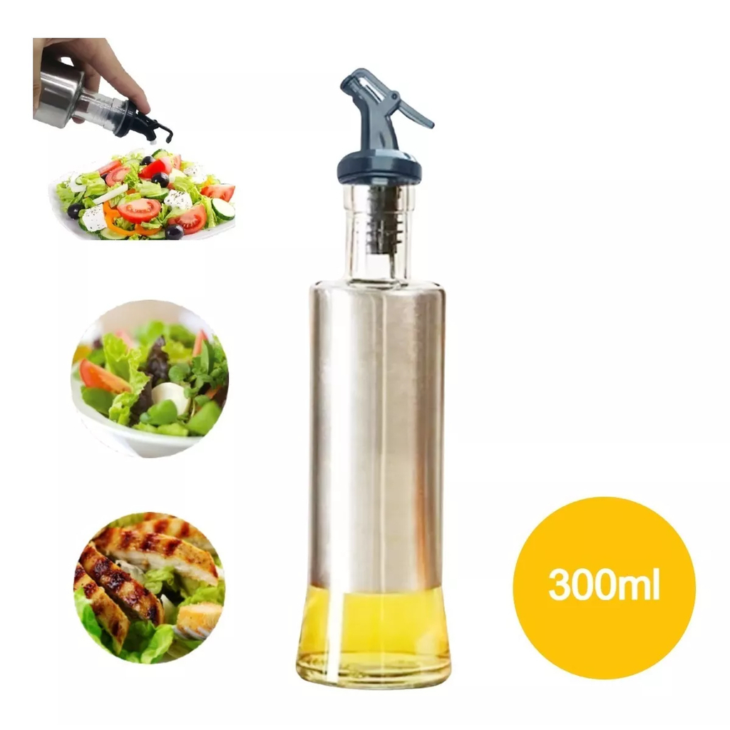 Galheteiros Porta Azeite Multifuncional Óleo Vinagre Pimenta Shoyu Vidro Premium e Aço Inox Bico Dosador 300 ml