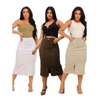Saia Lápis Midi Jeans Sarja Com Fenda Frontal