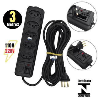 Extensão Elétrica Régua de Tomada Filtro de Linha 3 metros Extensor de Tomadas 2 e 3 Pinos Bivolt Estensão Grande