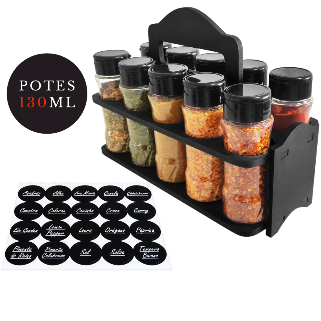 Porta Tempero de Madeira com Alça +10 Potes de Tempero 130ml Tampa Dosadora Dupla para Tempero e Especiarias + Etiqueta