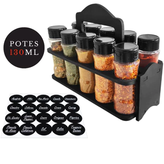 Porta Tempero de Madeira com Alça +10 Potes de Tempero 130ml Tampa Dosadora Dupla para Tempero e Especiarias + Etiqueta