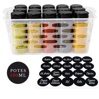 15 Potes Para Tempero de Plástico 130ml + Cesta Versátil Transparente + Etiqueta