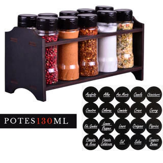 Porta Tempero de Madeira com 10 Potes de Plástico + Etiquetas