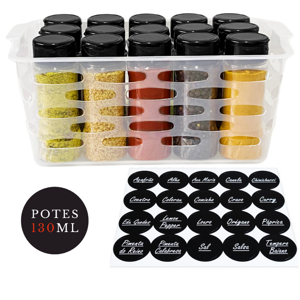 Porta Tempero de Plástico com 15 Potes para Tempero e Condimento Tampa Dosadora Dupla + Etiqueta