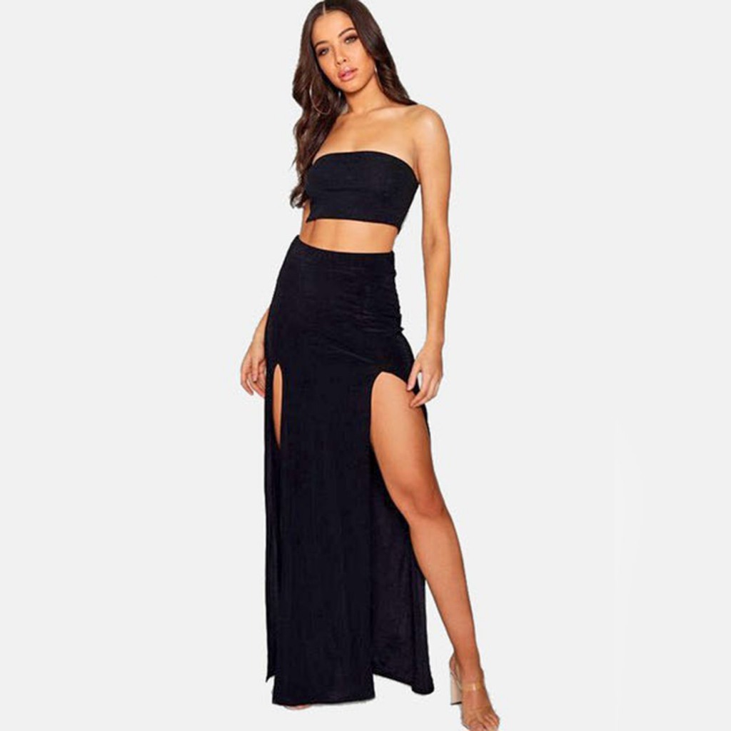 Saia Longa Fenda Cintura Alta Preta | Shopee Brasil