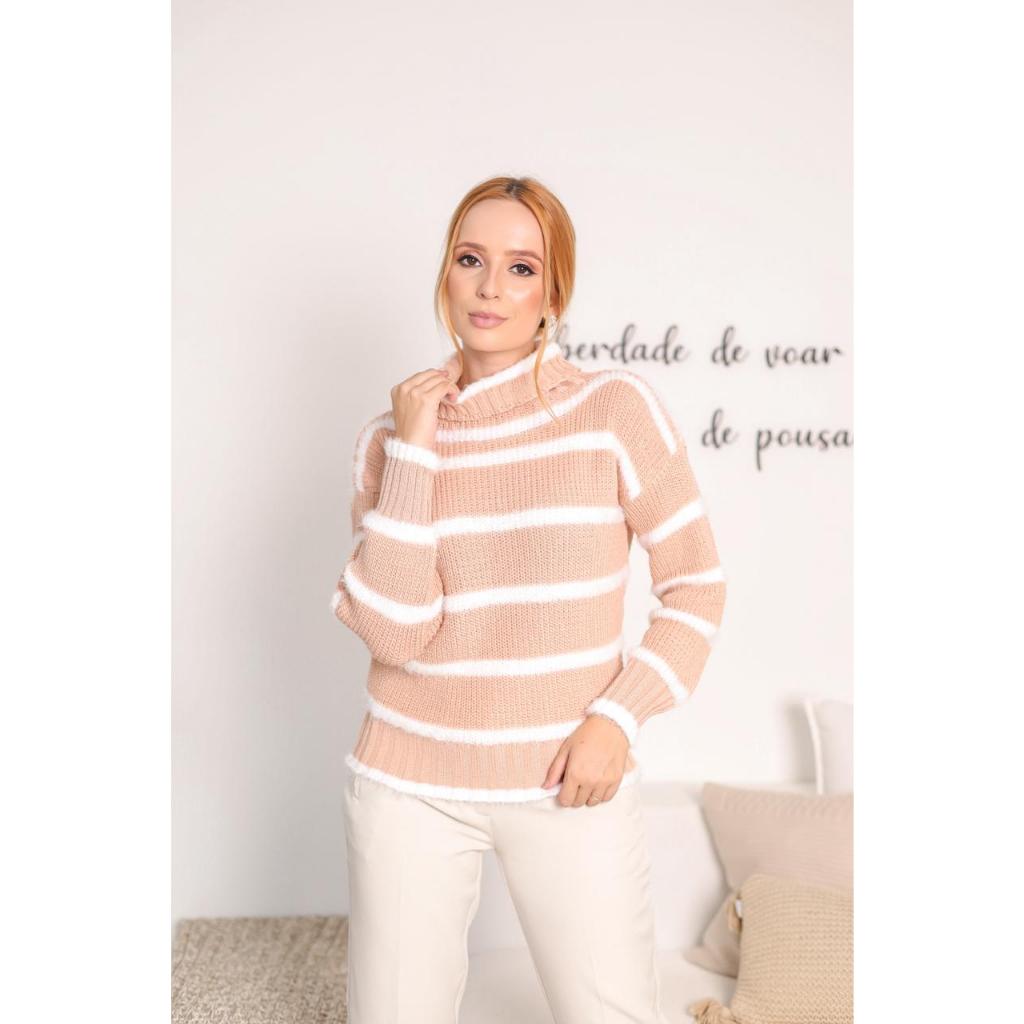 Blusa Gola Alta Listra Lançamento Inverno Moda Feminina