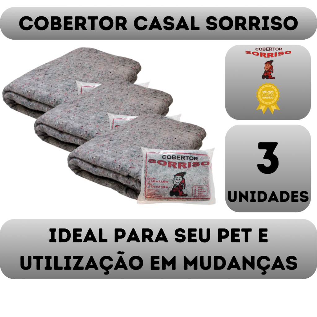 Cobertor Popular Sorriso Kit 03 Unidades - 1.9m X 1.7m Ideal Doação - Pet - Mudanças