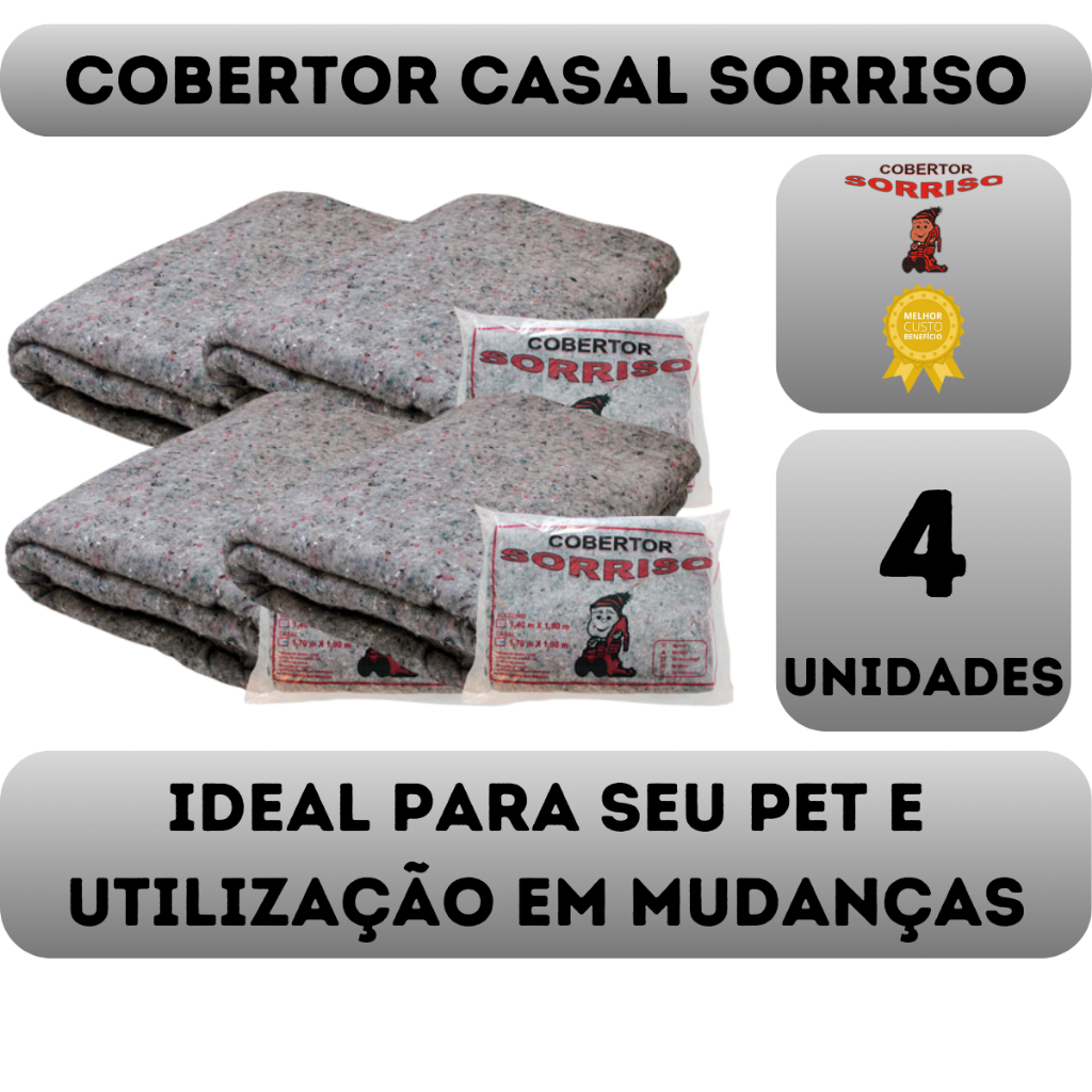 Cobertor Popular Sorriso Kit 04 Unidades - 1.9m X 1.7m Ideal Doação - Pet - Mudanças