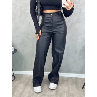 Calça Couro Fake Wide Leg Pantalona Feminina PU Sintético Zíper Botão Bolso