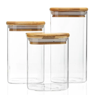 Kit Pote Hermético Vidro Tampa de Bambu Quadrado Porta Mantimentos 3 Peças Resistente