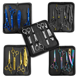 Kit Barbeiro 3 Tesouras Profissionais Fio Navalha Desfiadeira + Navalha de barbear + Case Estojo - Coloridas
