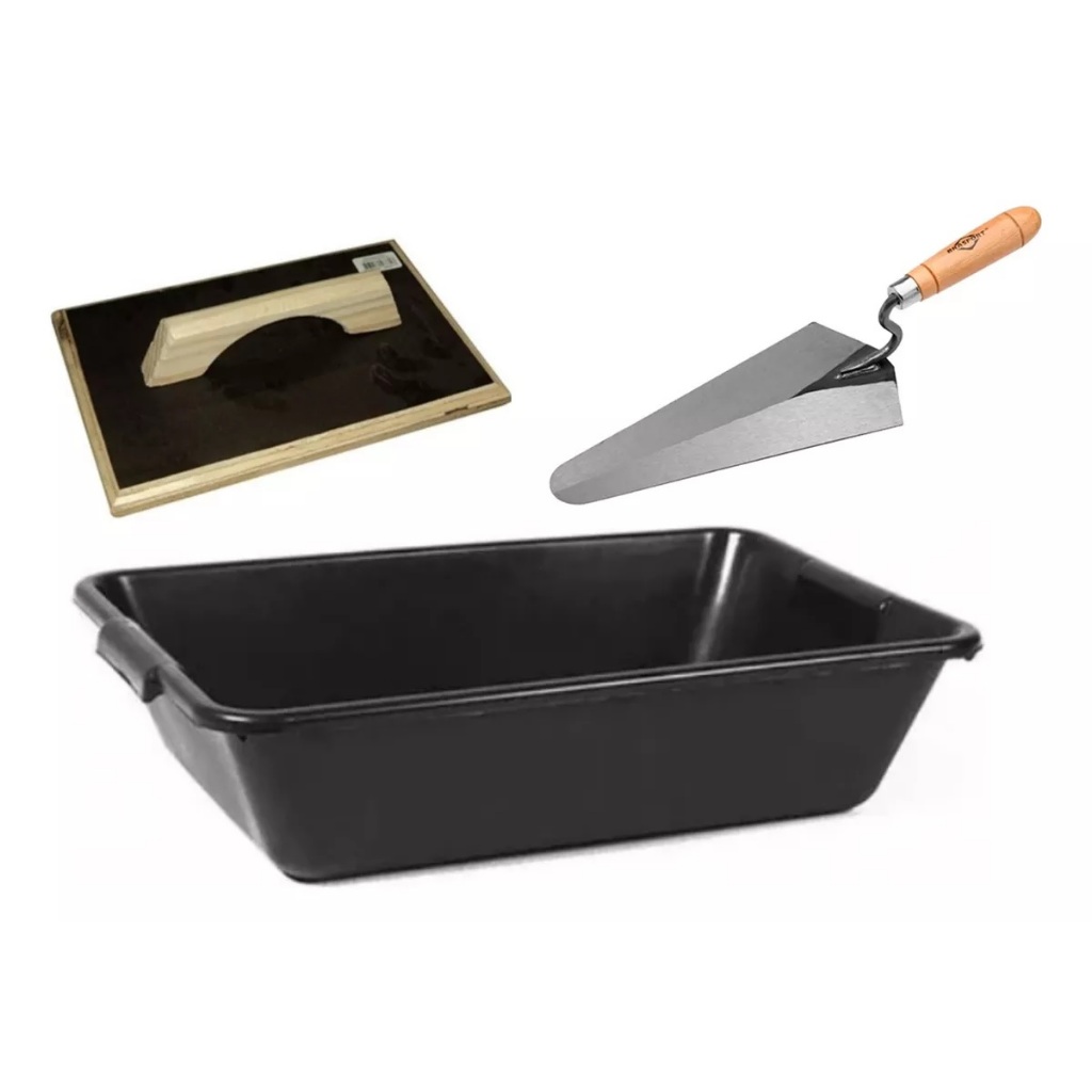 Kit Caixa Masseira Obras + Colher Pedreiro 9" + Desempenadeira