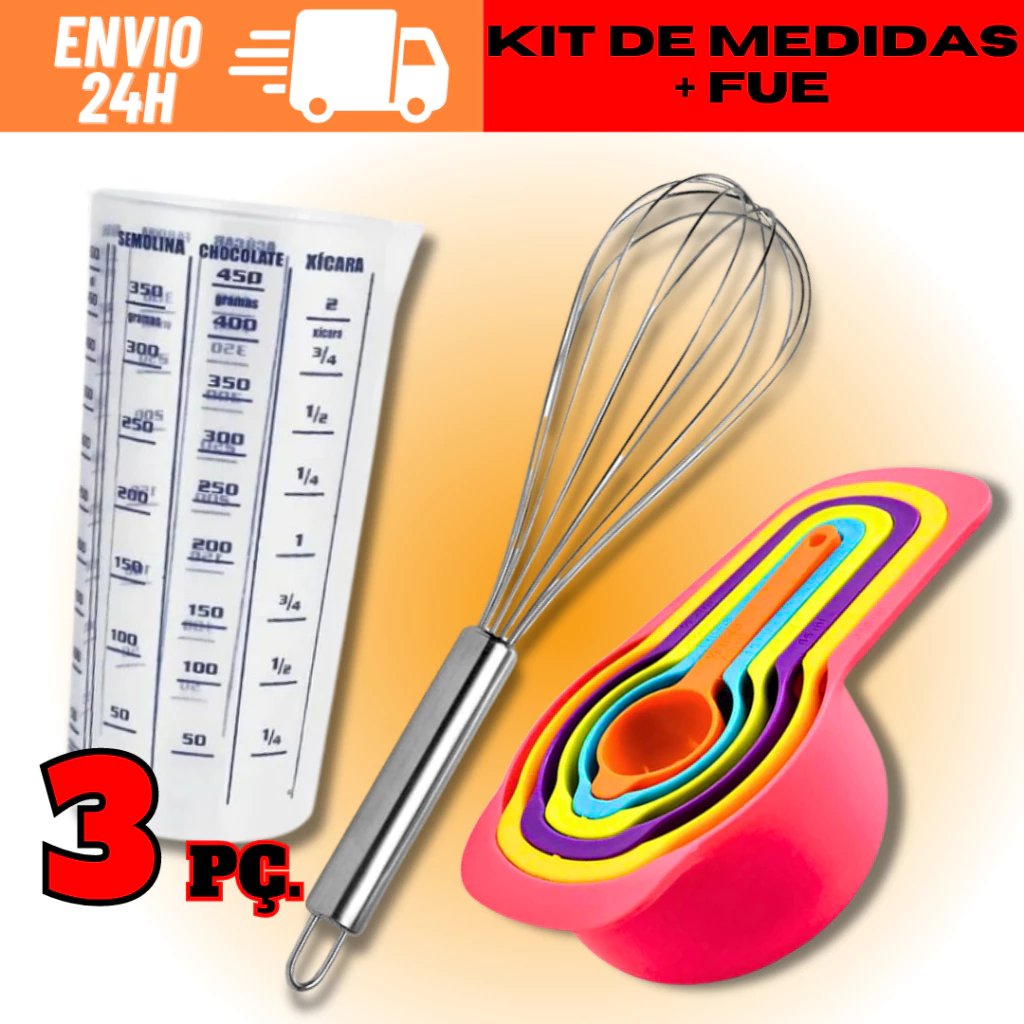 Kit 1 Copo Medidor Graduado De Medidas 500 Ml + 1 Fuê Batedor Fouet Profissional + KIT 6 Colheres Medidora Em Xicara ML