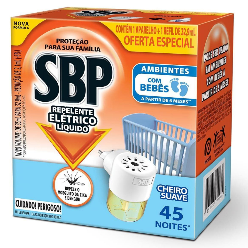 Repelente Elétrico Líquido SBP 45 Noites Cheiro Suave 1 Aparelho + Refil 32,9mL Full