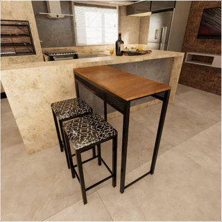 Mesa Bancada Com 2 Banquetas Estilo Industrial Para Cozinha ou Copa Aparador Alto com 2 Banquetas Estilo Industrial em Aço Assento Estofado Confortável Várias Cores