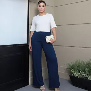 Conjunto Feminino Despojado de Calça e Blusa Manga Curta Com Detalhe em Malha Casual Leve Outono Inverno