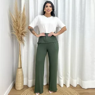 Conjunto de Calça e Blusa Manga Curta em Malha Soltinho Confortável Dia a dia Moderno Feminino