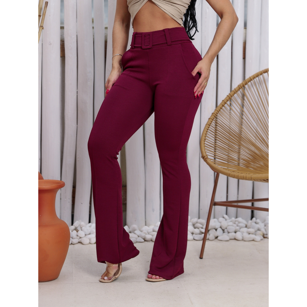 Calça Feminina Flare Com Cinto Forrado Boca Larga Elegante Social