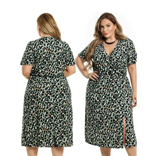 Vestido Plus Size Estampado com Fenda Lateral Decote V
